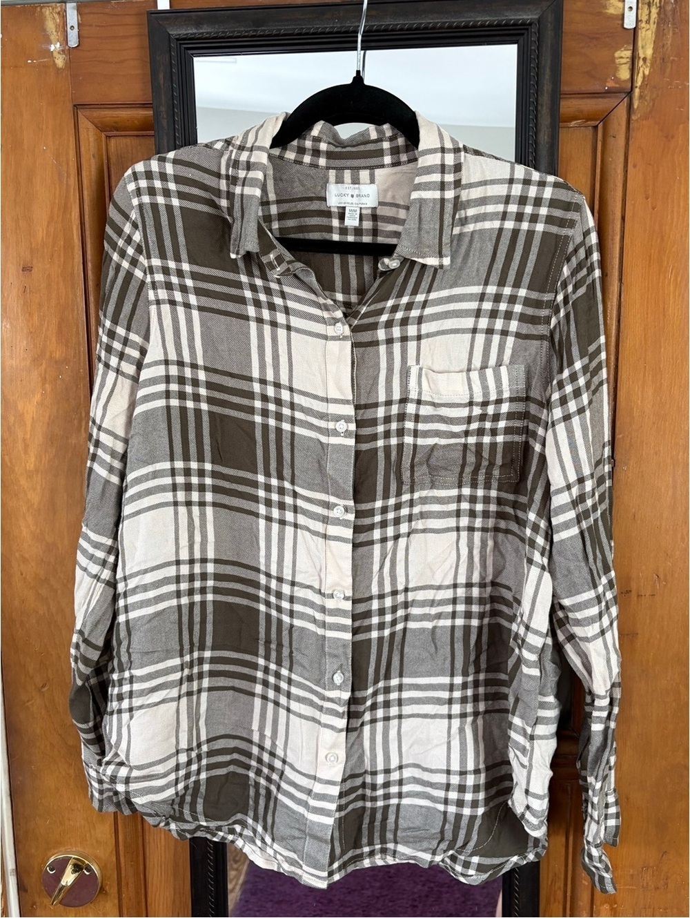 Lucky Brand Women's Olive Green Cream Plaid Button Up Shirt M